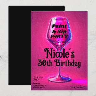 Sip & Paint Rosa Weinglas Erwachsenen-Geburtstagsf Einladung