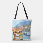 "Sip, Purr & Wander" Niedlicher orangefarbener Tis Tasche (Rückseite)