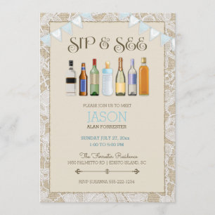 Sip & See Burlap Lace Flaschen Blue Boy Bunting Einladung