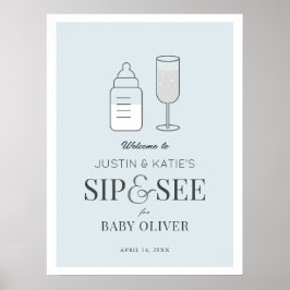 Sip & See Champagne Blue Baby Dusche Willkommen Poster