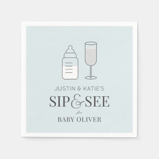 Sip & See Champagne Flasche Blue Baby Dusche Serviette (Vorderseite)