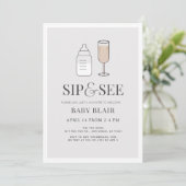 Sip & See Champagne Flasche Grau Baby Dusche Einladung (Stehend Vorderseite)