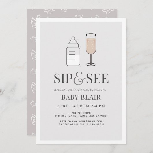 Sip & See Champagne Flasche Grau Baby Dusche Einladung (Vorne/Hinten)