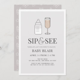 Sip & See Champagne Flasche Grau Baby Dusche Einladung