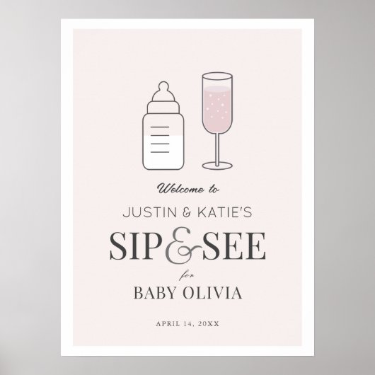 Sip & See Champagne Pink Baby Dusche Willkommen Poster (Vorne)