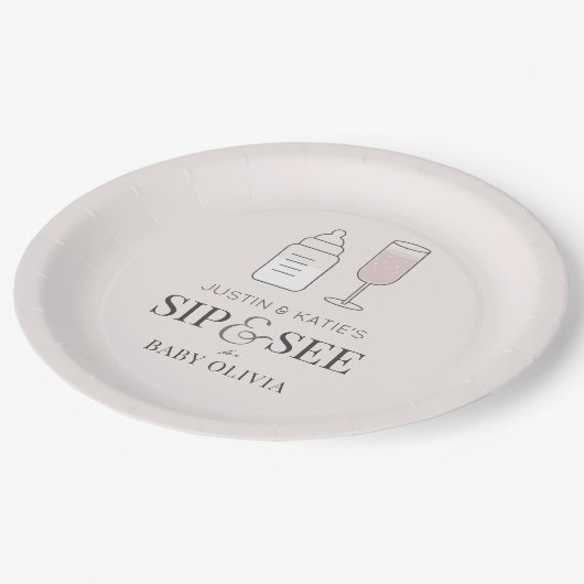 Sip & See Champagner Flasche Pink Baby Dusche Pappteller (Schrägansicht)