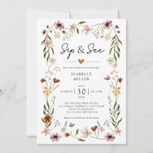 Sip & See Elegante Wildblume Pink Baby Girl Einladung (Vorderseite)