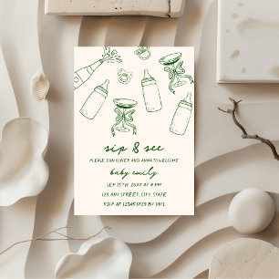 Sip & See Hand Illustriert Green Baby Boy Einladung
