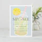 Sip & See Lemonade Mason Jar Blue Baby Dusche Einladung (Stehend Vorderseite)