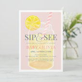 Sip & See Lemonade Mason Jar Pink Kinderdusche Einladung (Stehend Vorderseite)