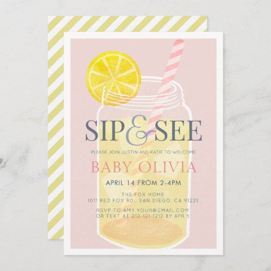 Sip & See Lemonade Mason Jar Pink Kinderdusche Einladung (Vorne/Hinten)