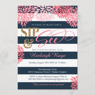 Sip & See Navy Blue and Pink Glitzer Baby Showroom Einladung