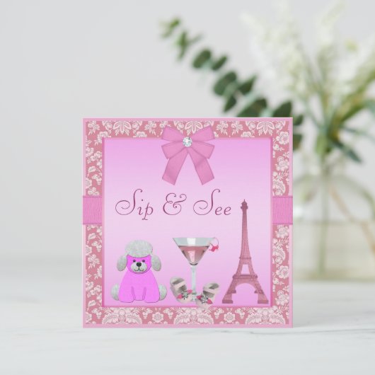 Sip & See Paris Damask Pink Poodle Babydusche Einladung (Stehend Vorderseite)