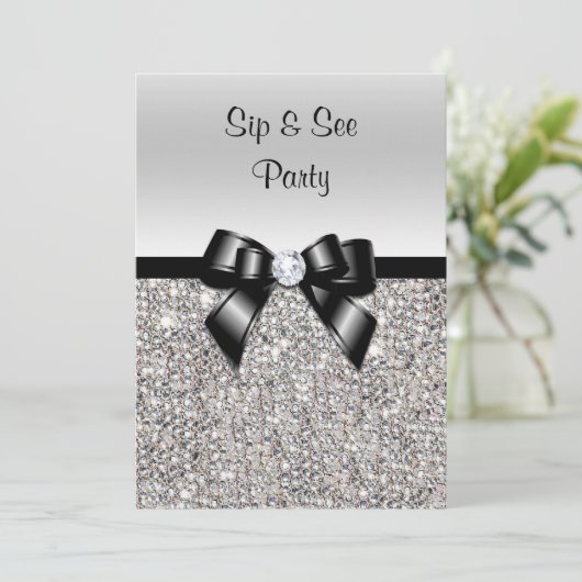 Sip & See Party Silver Sequins Schwarze Bow Einladung (Stehend Vorderseite)