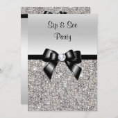 Sip & See Party Silver Sequins Schwarze Bow Einladung (Vorne/Hinten)