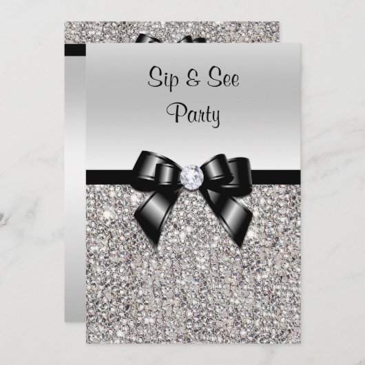 Sip & See Party Silver Sequins Schwarze Bow Einladung (Vorne/Hinten)