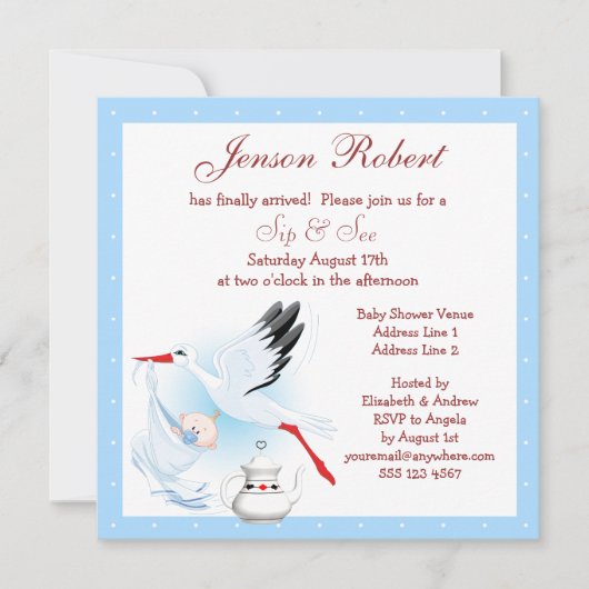 Sip & See Stork Delivering Baby Blue Baby Dusche Einladung (Vorderseite)
