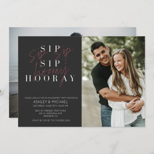 Sip Sip Hooray Black 2 Foto Engagement Party Einladung (Vorne/Hinten)