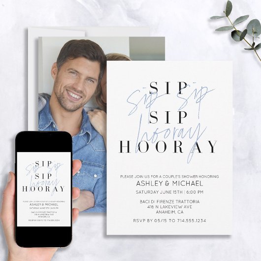 Sip Sip Hooray Blue Foto Couple's Dusche Einladung