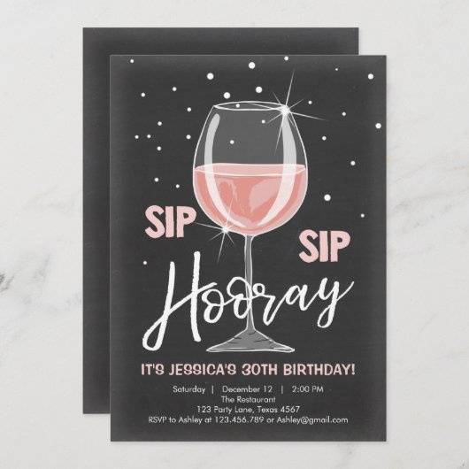 Sip Sip Hooray Chalkboard Rustikale Erwachsene Geb Einladung (Vorne/Hinten)