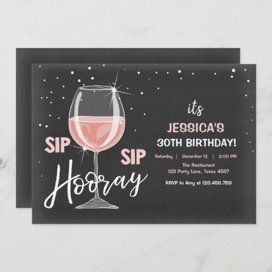 Sip Sip Hooray Chalkboard Wine Erwachsene Geburtst Einladung (Vorne/Hinten)