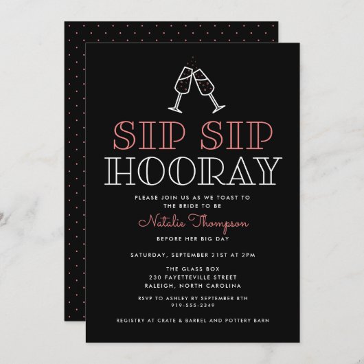 Sip Sip Hooray Champagne Toast Brautparty Einladung (Vorne/Hinten)