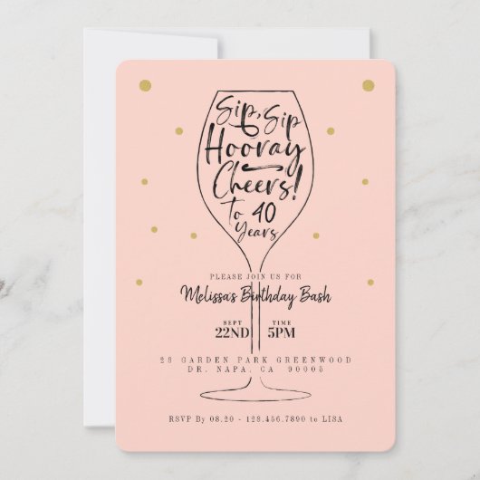 Sip, Sip Hooray Cheers Black & Pink Wein Geburtsta Einladung (Vorderseite)