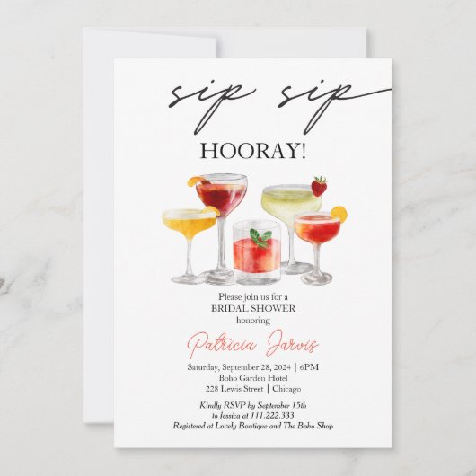Sip Sip Hooray Cocktail Brautparty Party Einladung (Vorderseite)