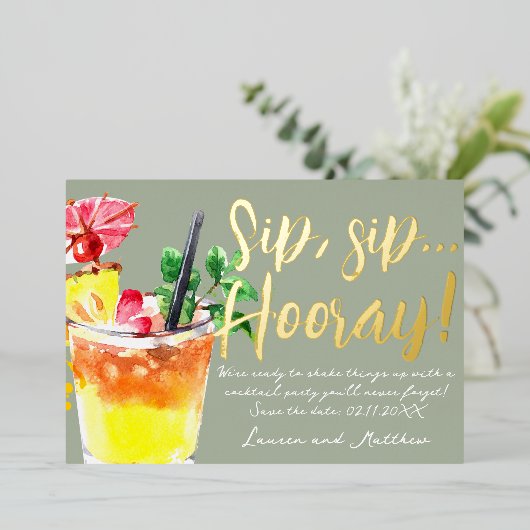 Sip, Sip Hooray! Fun Cocktail Save the Date Folieneinladung (Stehend vorne)
