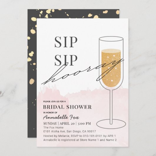 Sip Sip Hooray Gold Champagne Pink Brautparty Einladung (Vorne/Hinten)