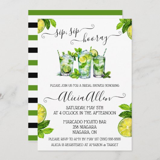 Sip, Sip, Hooray! Mojito thematisches Brautparty Einladung (Vorne/Hinten)