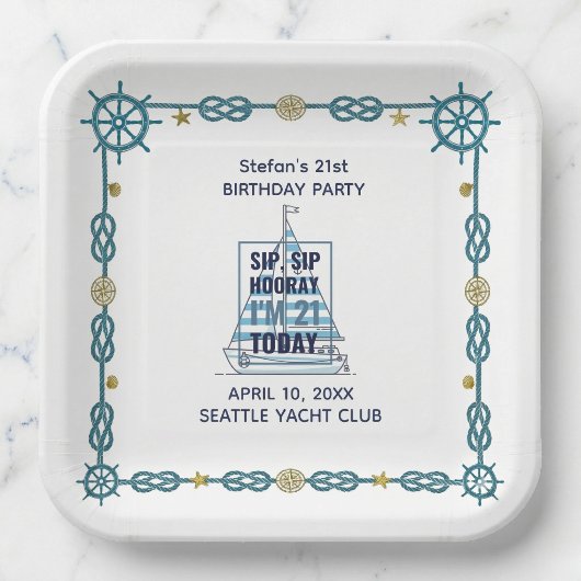 Sip Sip Hooray Nautical 21. Geburtstag  Pappteller