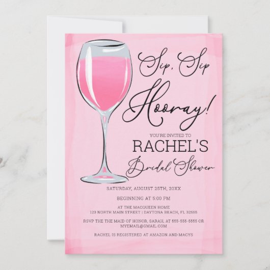 Sip Sip Hooray Pink Brautparty Einladung (Vorderseite)