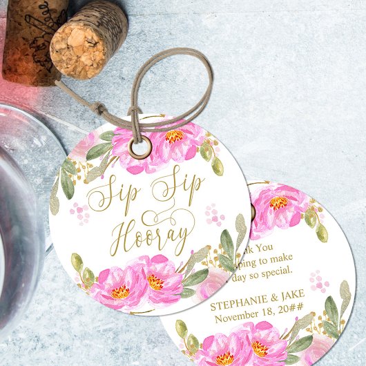 Sip Sip Hooray Pink und Gold Aquarellblume Geschenkanhänger