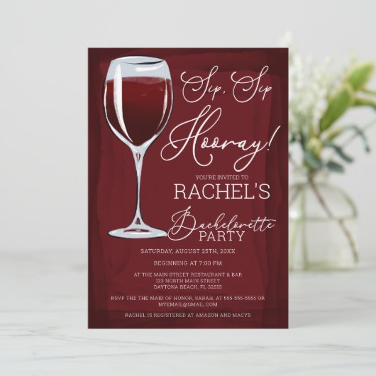 Sip Sip Hooray Roter Junggeselinnen-Abschied Einladung (Stehend Vorderseite)
