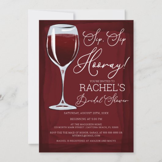 Sip Sip Hooray Roter Wein Brautparty Einladung (Vorderseite)