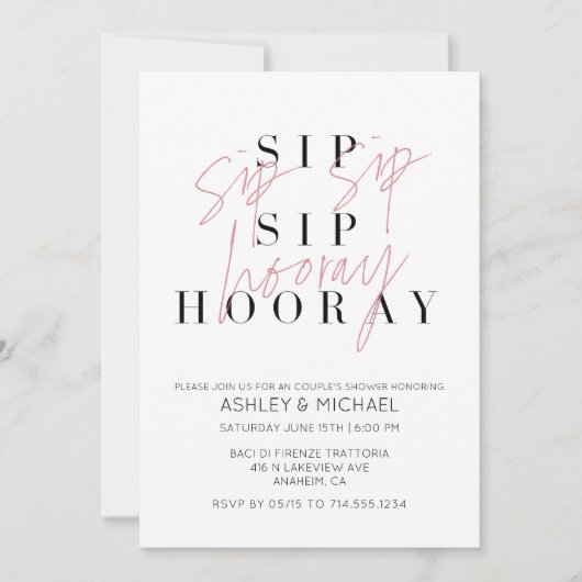 Sip Sip Hooray Schwarz-weißes Foto Couple Dusche Einladung (Vorderseite)