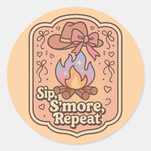 Sip, S'more, Repeat - Retro-Camping-Abzeichen Runder Aufkleber (Vorderseite)