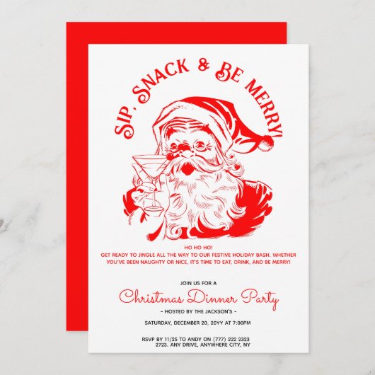 Sip Snack & Be Merry Funny Santa Claus Einladung (Vorne/Hinten)