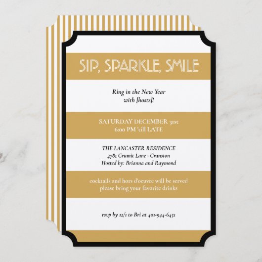 Sip Sparkle Smile Gold Black Modern New Year Party Einladung (Vorne/Hinten)