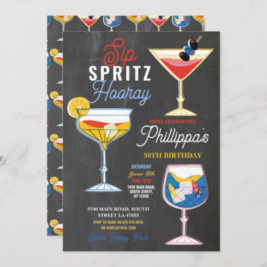Sip Spritz Hooray Party Cocktails Getränke Geburts Einladung (Vorne/Hinten)