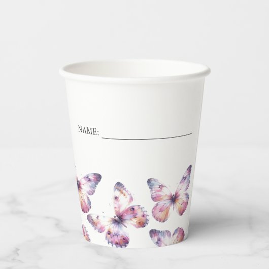 Sip und See Butterfly Theme Lila Custom Pappbecher (Rückseite)