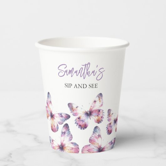 Sip und See Butterfly Theme Lila Custom Pappbecher (Vorderseite)