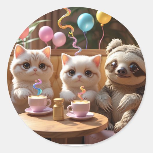 Sippin’ Cuteness: Cat Café Vibes with a Cool Sloth Runder Aufkleber (Vorderseite)