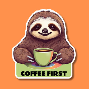 Sipping Sloth Coffee First Waterproof Aufkleber