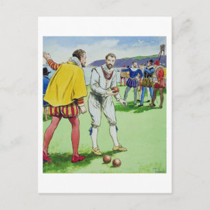 Sir Francis Drake (1540/3-96), spielend Schalen, v Postkarte