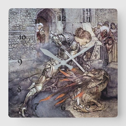 "Sir Lancelot Slays the Dragon" von Arthur Rackham Quadratische Wanduhr (Vorderseite)