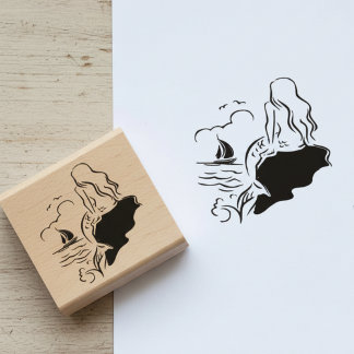 Sirene und Segelboot Holz-Kunststempel Gummistempel