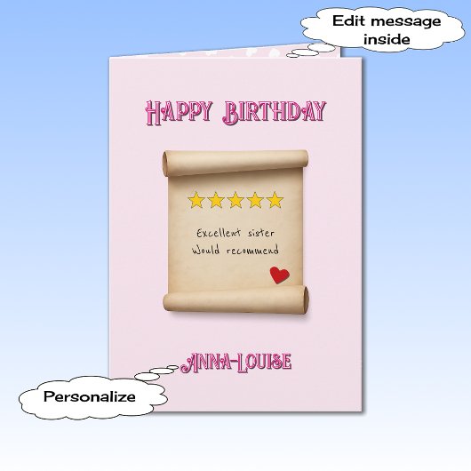 Sister 5 star review pink birthday karte