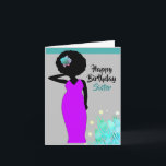 Sister African American Happy Birthday Card Karte<br><div class="desc">Diese coole Geburtstagskarte zeigt eine afroamerikanische Frau mit einem lila Kleid und einem großen Afro. Holen Sie sich diese Karte mit viel Persönlichkeit für Ihre Schwester für die Geburtstagskarte.</div>